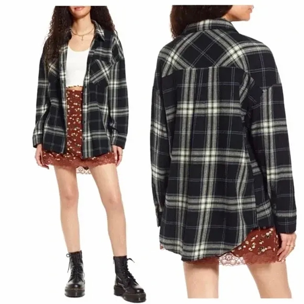 BP Nordstrom Boyfriend Plaid Oversized Button Up Flannel Top Shirt Black…